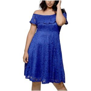 💙 Off Shoulder Lace Retro Pinup Vintage 1950s Cocktail Ruffle Blue Dress L NWT